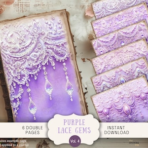 Gemstone Junk Journal Pagina 6 Carta per album digitale 11 x 8,5" Arte stampabile Pizzo viola e gemme Pietre preziose Cristallo Viola Sogno PPGM