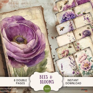 Peut inclure: Un journal et des cartes de style vintage avec des illustrations à l'aquarelle de fleurs et d'abeilles violettes. Le journal présente une grande fleur violette sur la couverture. Les cartes ont des motifs floraux et d'abeilles. Le texte sur l'image indique "Bees & Blooms" et "Instant Download."
