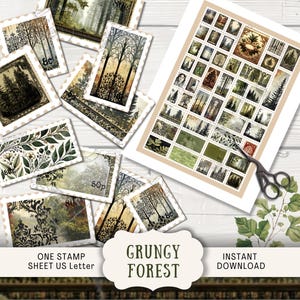 May include: A sheet of digital printable postage stamps featuring a variety of forest scenes in shades of green, brown, and white. The stamps are designed to look like vintage postage stamps with a grunge aesthetic. The sheet is labeled "Grungy Forest" and "One Stamp Sheet US Letter".