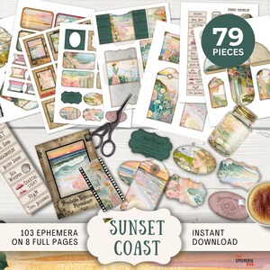 Op de afbeelding: Een verzameling ephemera met een kustthema, waaronder labels, frames en decoratieve elementen. De set bevat aquarel illustraties van zonsondergangen, schelpen en oceaanscènes. Inclusief een pot, een schaar en een crème brûlée. De tekst luidt "Sunset Coast".