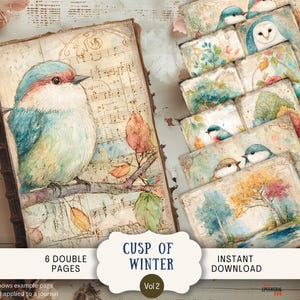 May include: A vintage-style journal and several small cards with watercolor bird and landscape illustrations. The journal features a blue and green bird on a branch with musical notes in the background. The cards have similar bird and nature scenes. The text "Cusp of Winter" is visible.