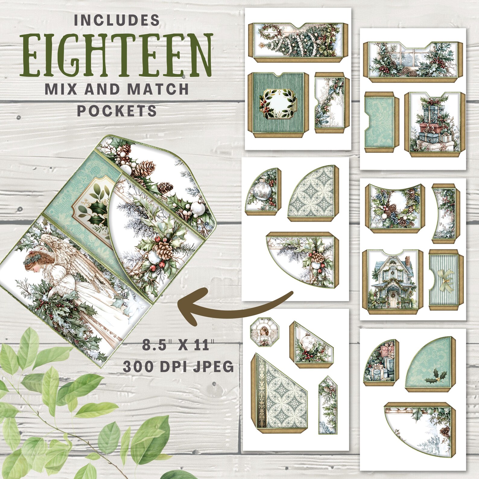 Sage Green & White Christmas Junk Journal Folio Kit, 16 Digital Mix and ...