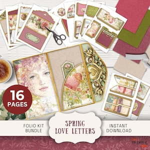 Kit de diario basura con carta de amor de primavera, 16 páginas y bolsillos para combinar y mezclar, 11 x 8,5 pulgadas, tríptico imprimible, día de San Valentín, romántico, LLWP
