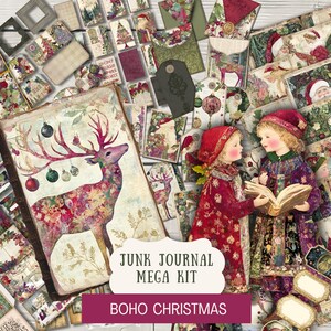 May include: A Boho Christmas Junk Journal Mega Kit with various decorative paper elements. The kit includes a large journal cover with a deer illustration, tags, envelopes, and small figurines. The colour palette features reds, greens, and vintage-style designs.