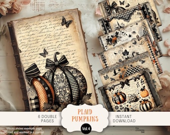 May include: Six double-sided digital scrapbook pages featuring a vintage aesthetic with black and white plaid pumpkins, fall leaves, and handwritten text. The pages are titled "Plaid Pumpkins Vol. 4" and are for instant download.