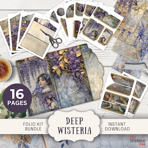 Wisteria Junk Journal Folio, 16 pagine digitali mix and match e tasche 11 x 8,5" Digital Printables Ephemera Purple Wisteria Trifold Folio