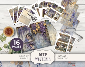 Diario digital Wisteria Junk Journal, 16 páginas combinables y bolsillos, 28 x 21,5 cm, imprimibles digitales, efímera, tríptico Wisteria morado