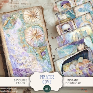 Pagine del diario di Treasure Island Junk 6, carta per scrapbooking digitale stampabile, pirati, oceano, mare, vela, spiaggia, stravagante, acquerello, pastello PICV1