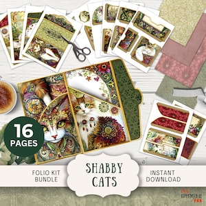Shabby Cat Junk Journal Folio 16 Digital Mix and Match Pages & Pochettes 11 x 8,5" imprimable à trois volets Boho Boho cat nature shabby chic SGCT