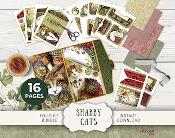 Shabby Cat Junk Journal Folio 16 Digital Mix and Match Pages & Pockets 11 x 8.5&quot; Printable trifold Boho Bohemian cat nature shabby chic SGCT
