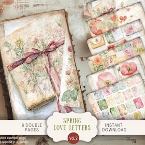 Cartas de amor de primavera Junk Journal Pages 6 papéis de scrapbook digital 11 x 8,5" Arte para impressão Soft Pastel Dia dos Namorados Flores Vintage LLWP