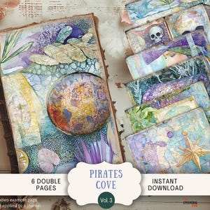 Pagine del diario di Treasure Island Junk 6, carta per scrapbooking digitale stampabile, pirati, oceano, mare, vela, spiaggia, stravagante, acquerello, pastello PICV3