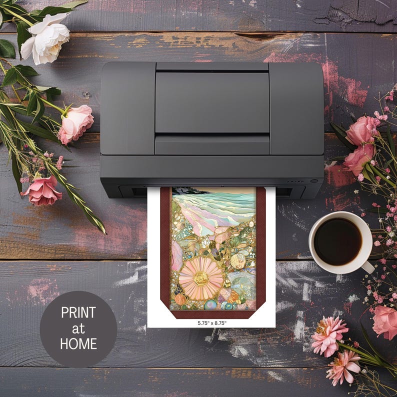 A printer is printing a floral print on a wooden surface, accompanied by a cup of coffee and a bouquet of pink flowers.