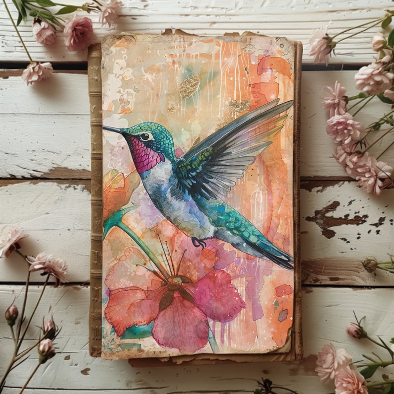 Patchwork Hummingbird Junk Journal Pages, 6 Digital Scrapbook Paper 11x ...