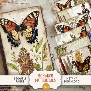 Journal indésirable des papillons monarques, 6 feuilles de scrapbooking numérique, 11 x 8,5 po., bibliothèque victorienne lunatique imprimable, papillon vintage INMO