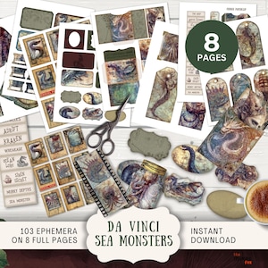 May include: A selection of sea monster-themed ephemera, including tags, labels, and cut-out shapes. The set contains 8 pages with the text "8 PAGES" and "103 EPHEMERA". The words "Da Vinci Sea Monsters" are also visible.