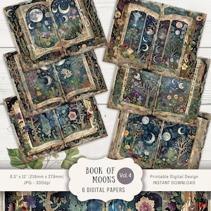 Moon Book Pages 6 Digital Scrapbook Pages 11 x 8.5" Printable Journal Ephemera Paper Craft, Witchy Grimoir Book Of Spells, Moons and Stars