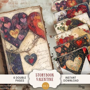 Storybook Love Letter Junk Journal Seiten 6 Digital Scrapbook Papiere 11 x 8,5 "Kunst Printable Vintage wunderliche Retro-Grunge-Note Herzen LLRS