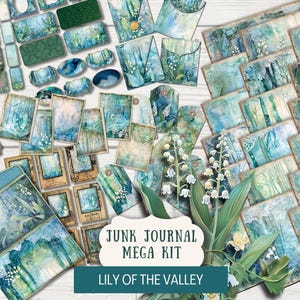 Lily Of the Valley Junk Journal Kit Papiers imprimables Tags Billets enveloppes mini-cartes vintage étiquettes de film à trois volets folio méga LVLA