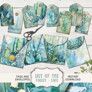 Enveloppes et étiquettes éphémères de journal indésirable en dentelle de muguet, Enveloppes créatives en papier imprimable pour journal numérique indésirable, 8 étiquettes fleur de la forêt