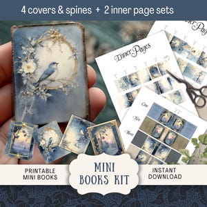 May include: A miniature book kit with a blue bird design. The kit includes four covers and spines, two inner page sets, and the text "Mini Books Kit" and "Instant Download". The image also shows scissors and printed pages.