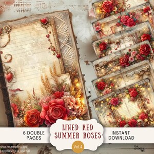 Journal d'ordure roses vintage d'été avec pages 6 papiers de scrapbooking numériques 11 x 8,5 po. Imprimable Shabby Chic ligné Boho Flower Rose Lace LISU4