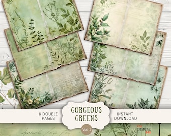 May include: Six double-sided digital paper pages with a green and white background featuring a watercolor illustration of various green leaves and plants. The text "GORGEOUS GREENS Vol. 1" is at the bottom of the image.