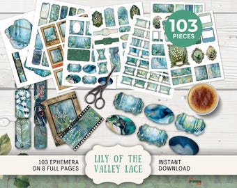 Lace Lily Of The Valley Junk Journal Ephemera Kit- Tags Tickets Mini-envelopes mini-cards labels film strips frames & tabs white floral LVLA