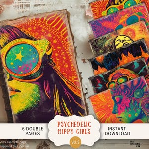 Páginas de diario basura de chicas hippies psicodélicas, 6 papeles de álbum de recortes digitales de 11 x 8,5 pulgadas, para imprimir con motivos retro, modernos, psicodélicos, vintage, hippies y grunge PYHG