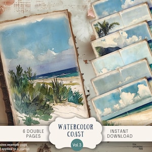 Pagine di diario di spazzatura da spiaggia con acquerello 6 fogli di album digitali 11 x 8,5" Arte stampabile Mare Oceano Onde nautiche, sabbia Sole Estate WCCT