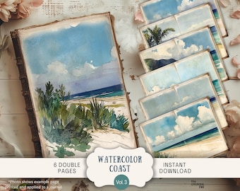 Puede incluir: Seis ilustraciones de acuarela a doble página de una escena de playa con cielo azul, nubes blancas y olas del océano. El título "Watercolor Coast Vol. 3" está impreso en la parte inferior de la imagen. Descarga instantánea.