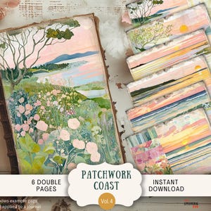 Puede incluir: Un diario abierto y varias páginas con arte de paisajes en acuarela. La portada del diario presenta un árbol y flores. Las páginas tienen un tema costero con colores pastel. El texto en la imagen dice "Patchwork Coast Vol. 4" y "6 Double Pages".