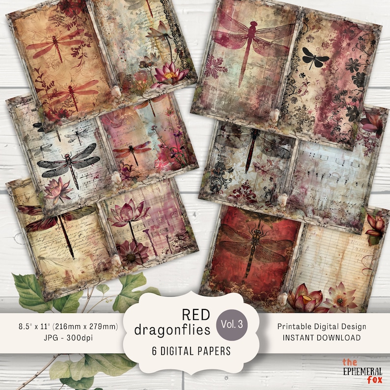 Dragonfly Junk Journal Papers Vol 3, 6 Digital Junk Journal Pages 11 X ...