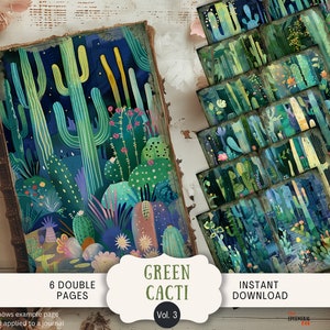 Páginas de diario basura de cactus verdes, 6 hojas de papel para álbum de recortes digital de 28 x 21,5 cm, estilo bohemio vintage, con un toque rústico y lindo, cactus y suculentas en un jardín desértico.