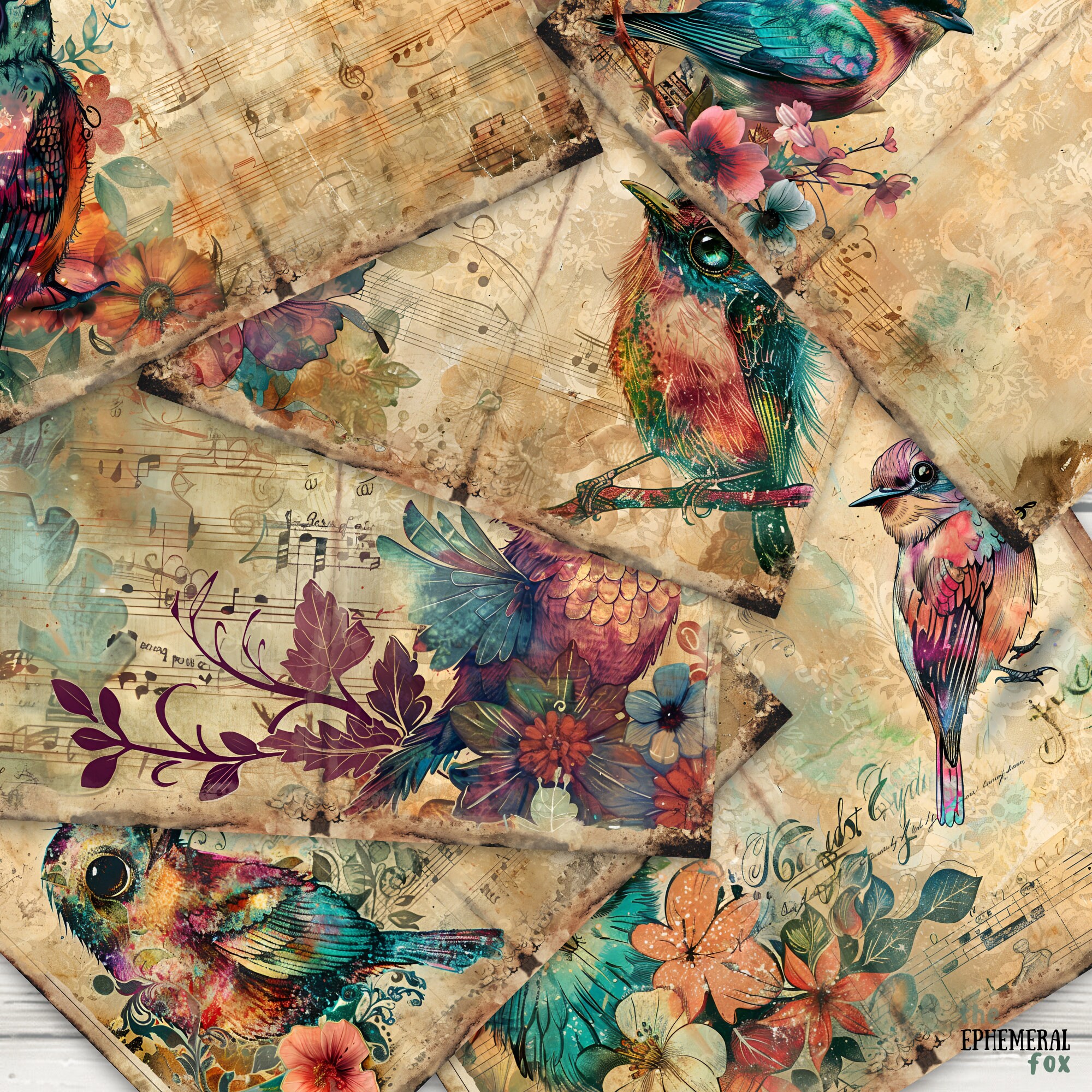 Quirky Birds Junk Journal Pages, 6 Digital Scrapbook Pages, 11 X 8.5 ...