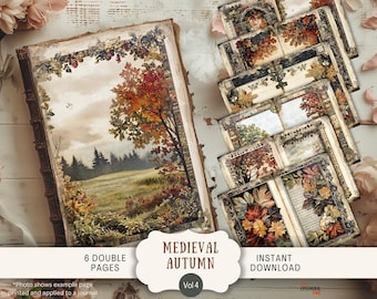 May include: An open book and several smaller cards with vintage autumn landscape illustrations. The book features a painting of a field and trees with fall foliage. The cards and book have a distressed, aged appearance. Text on the image reads "Medieval Autumn Vol 4".