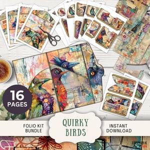 Folio pour journal indésirable Quirky Birds, 16 pages et pochettes numériques à assortir, impression numérique à trois volets (11 x 8,5 po.), patchwork amusant QIBR