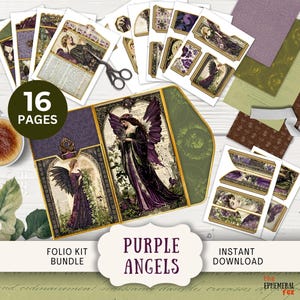 Purple Angel Junk Journal Folio Kit, 16 Digital Mix and Match Pages & Pockets, Printable trifold Gothic manuscript medieval dark wings PLAG