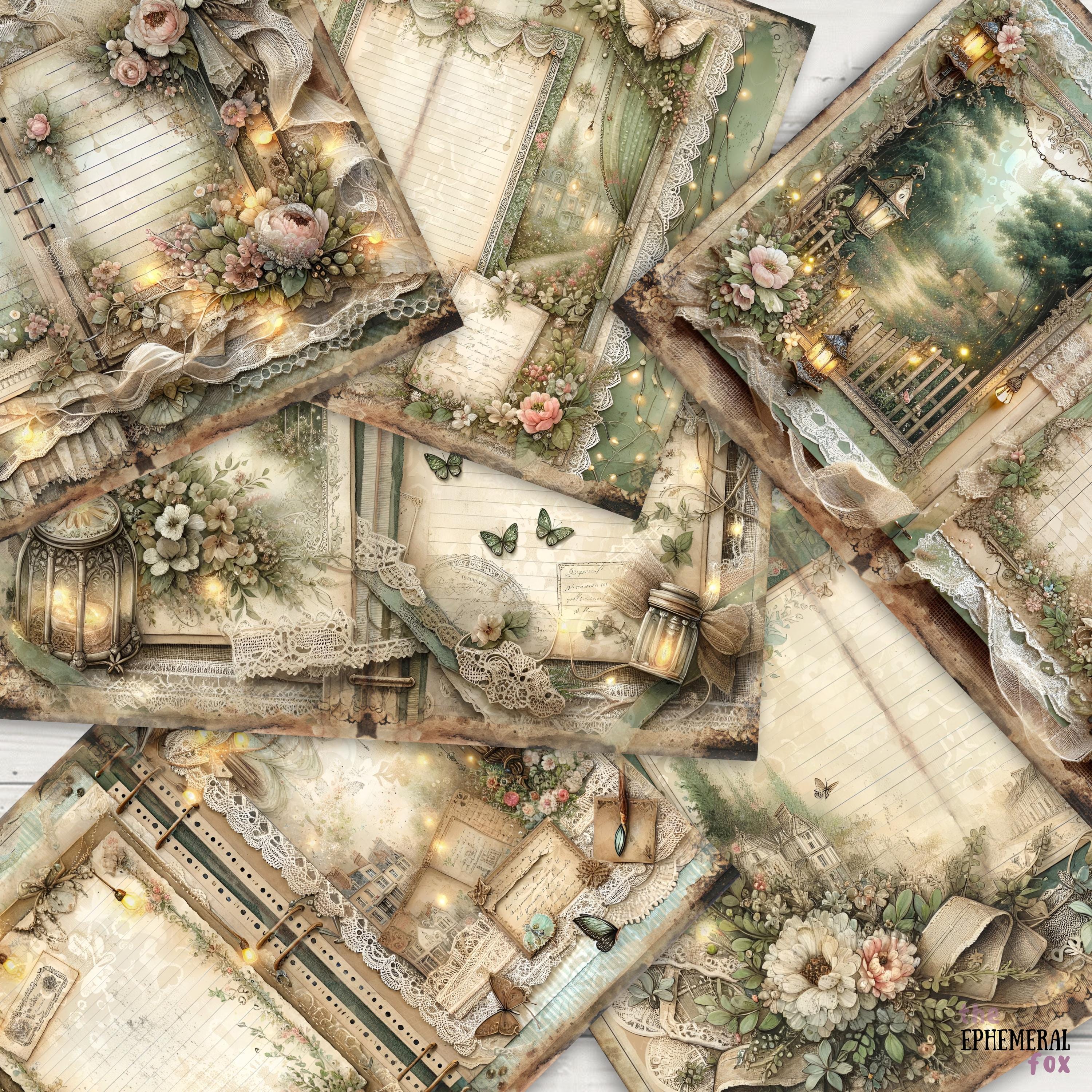 Lined Sage Green Junk Journal Pages 6 Digital Scrapbook Paper 11 X 8.5 ...