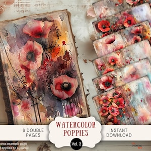 Dunkelrote Mohnblumen Junk Journal Seiten, 6 digitale Scrapbook Seiten, 11 x 8,5 "bedruckbares Papier, rote und schwarze Blumen, Kalifornischer Mohn