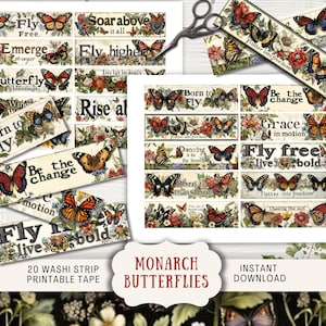 Étiquettes mot papillon monarque Junk Journal imprimable US lettre, collage numérique inspiration vintage papillons mots & phrases tags INMO