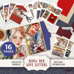 Rot und Blau Liebesbrief Junk Journal Folio Kit 16 Digital Mix Match Seiten & Taschen 11 x 8,5 "Printable dreifach Valentine Vaterländischer LLPT