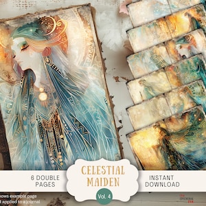 Mystic Maiden Junk Journal Pages, 6 digitale plakboekpagina's, 11 x 8,5" kunstafdrukbaar kunstjournaal, kortstondige, vintage Witchy Woman, bosgroen