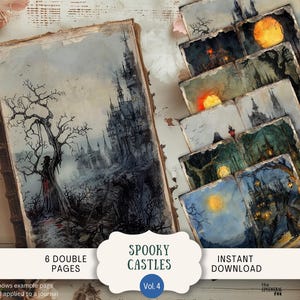 May include: An antique book and several art prints featuring spooky castle illustrations. The book cover displays a gothic castle scene with a gnarled tree. The prints showcase various castle scenes with moons and sunsets. The text reads "Spooky Castles Vol. 4".