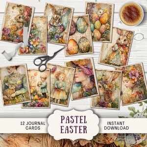 Cartões de diário de Páscoa em tons pastel arco-íris 12 cartões postais digitais ATC imprimíveis efêmeras, ovos de papel artesanal, coelho, coelhinha, pintinho, RPES surrado