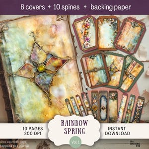 Kit de cubierta: cubiertas y lomos de diario basura de primavera en colores pastel arcoíris, carta de EE. UU., 300 DPI, adorno de cubierta, diseño floral de verano, boho, shabby chic, neutros, gato, RBSP