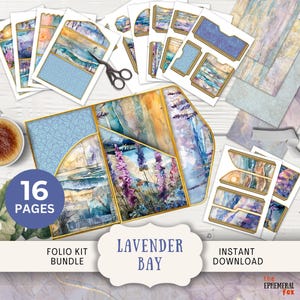 Lavender Bay Junk Journal Folio 16 Digital Mix and Match Pages et pochette 11 x 8,5" Imprimable plage côtière violet floral océan à trois volets LABA