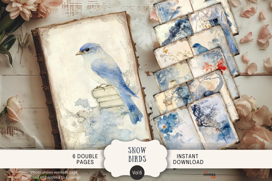 Snow Birds Junk Journal Pages 6 Digital Scrapbook Papers Printable Aged ...