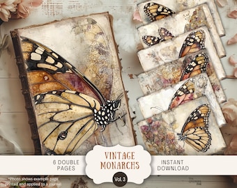 May include: Six double-sided digital papers featuring vintage illustrations of monarch butterflies on a textured background. The papers are designed for use in scrapbooking, journaling, and other paper crafts.  Vintage Monarchs Vol. 3. Instant Download.