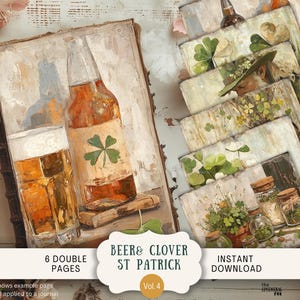 Páginas de diario basura del día de San Patricio con cerveza y trébol, 6 papeles de álbum de recortes digitales de 11 x 8,5 pulgadas, para imprimir con estilo rústico campestre y vintage SKNT